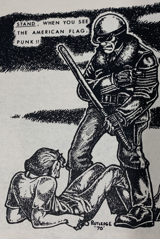 , An image of a group of police officers assaulting Lady Liberty and Lady Justice. This illustration was paired with Tobacco Road’s “Pig League” which were trading cards of drug busting cops [28]