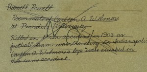 Note on back of unidentified Purdue football player photograph. From MSA 293, the Carlton A. Wilmore papers.